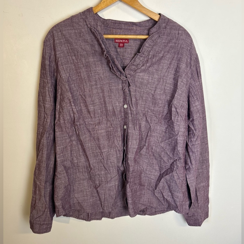 Merona Ruffle Collar Blouse top Plus Size XXL 100% Cotton linen Blend Breathable